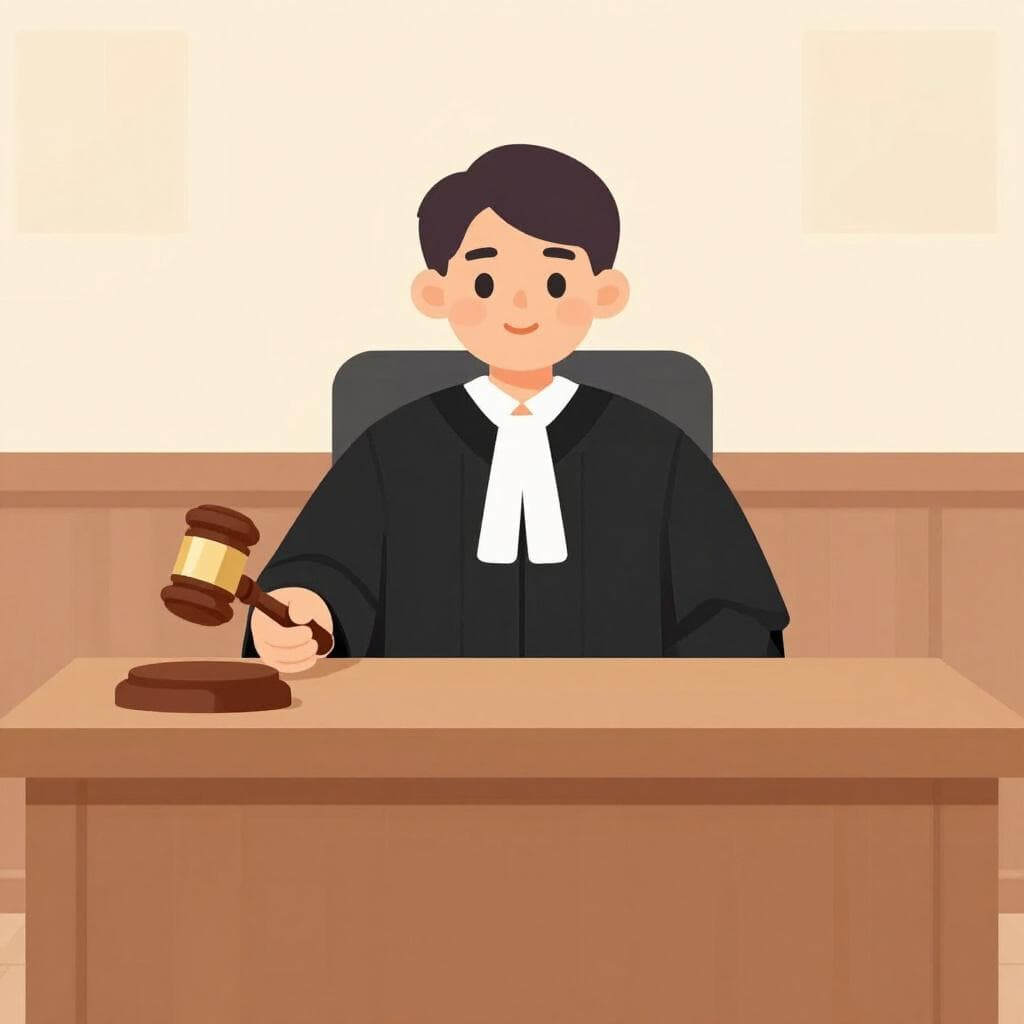 Um oficial judicial com uma longa toga preta sentado atrás de um banco de madeira.