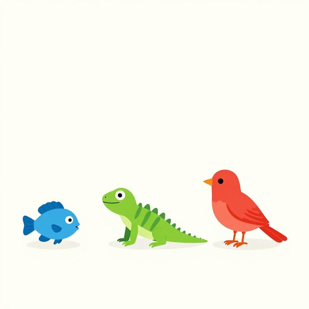 Une illustration colorée montrant un petit poisson, un lézard plus grand et un oiseau dans une séquence pour représenter l'évolution biologique.