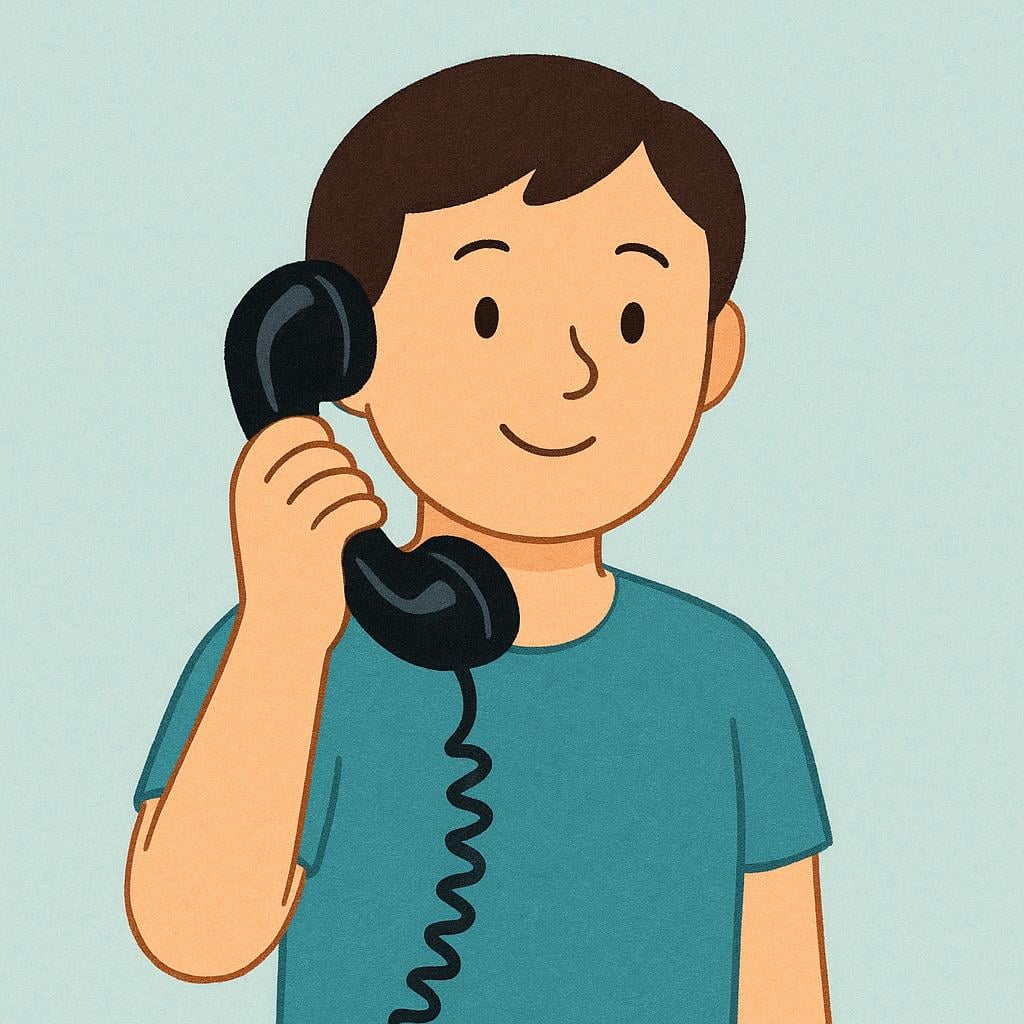 A person standing, holding an old-fashioned black telephone receiver to their ear, indicating they are making a call.