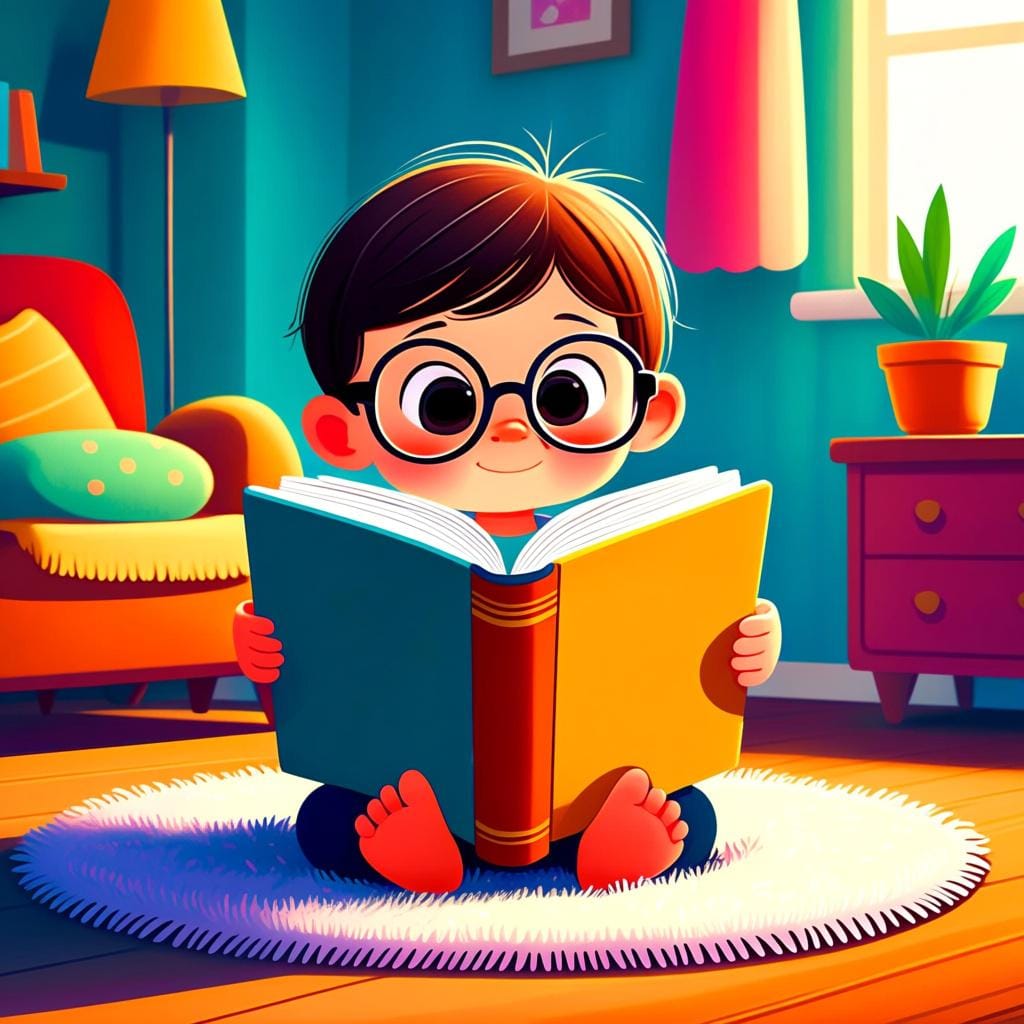 A young child sitting quietly in a cozy room, holding a very large book, symbolizing a past identity or characteristic.