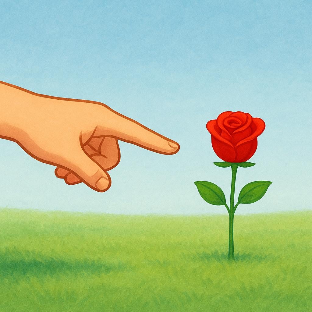 A simplified illustration showing a person's hand pointing directly across an open field toward a single, vibrant red rose situated in the middle distance.