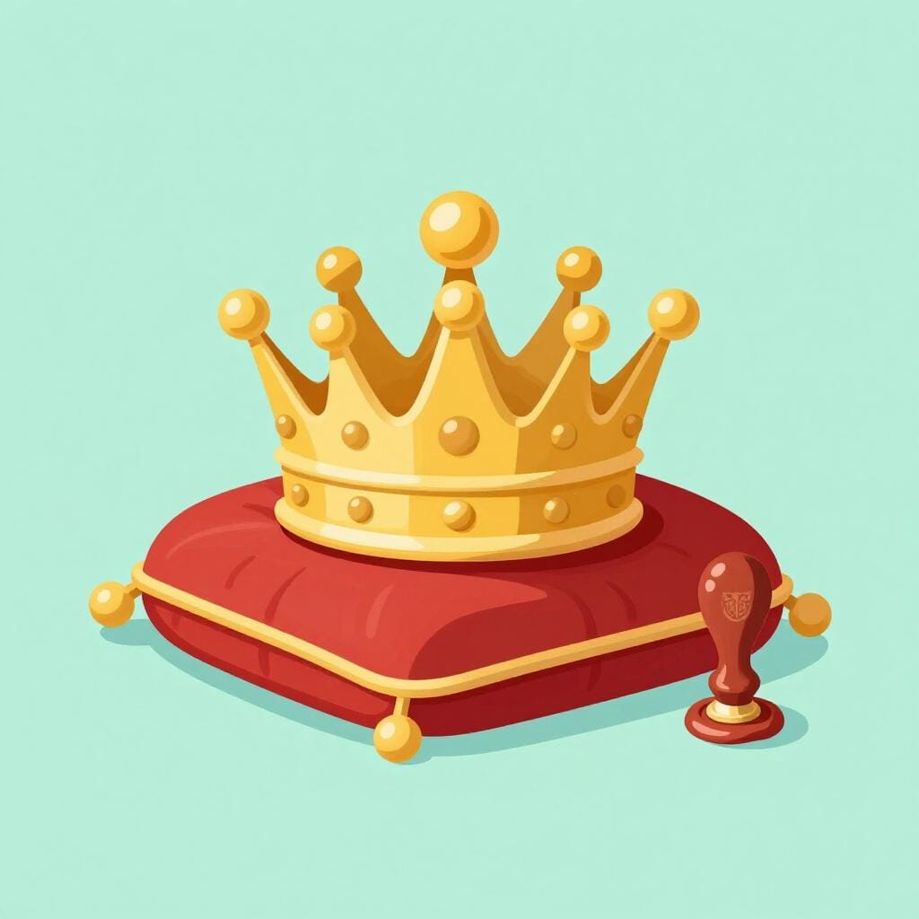 A king's golden crown resting on a velvet cushion with a royal seal, representing authority and acceptance.