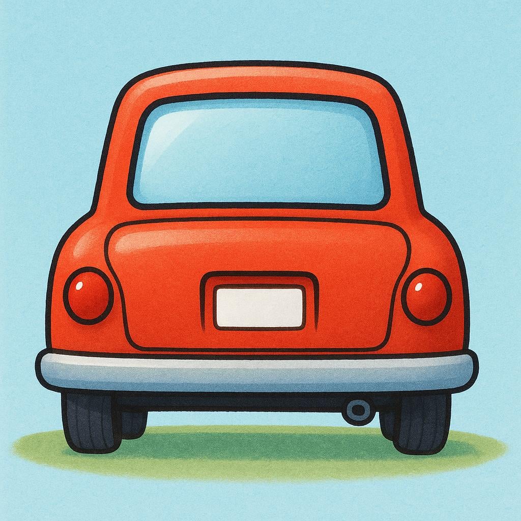 A bright red car is shown parked, viewed directly from the back, highlighting the rear bumper and taillights.