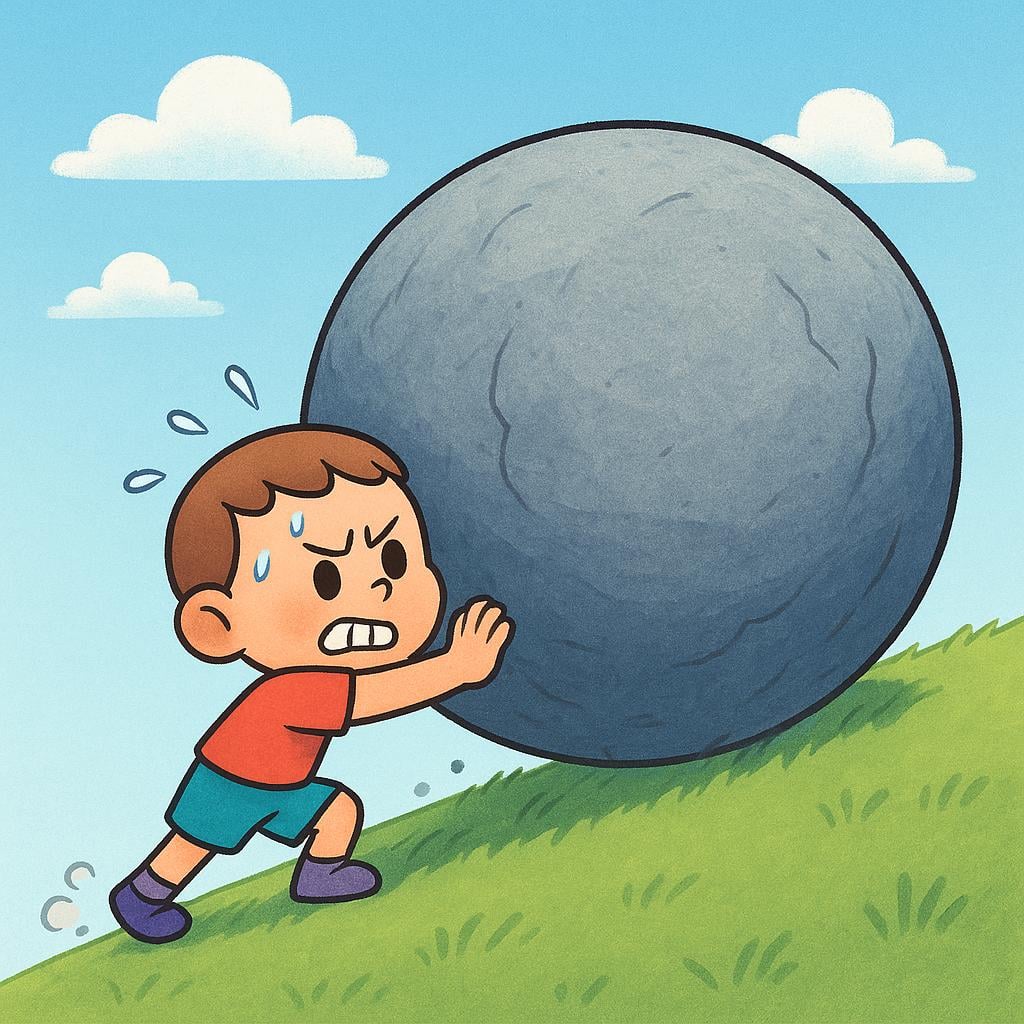 A small, determined cartoon character is straining visibly, using all its strength to push a massive gray boulder up a gentle green slope, illustrating intense physical effort.