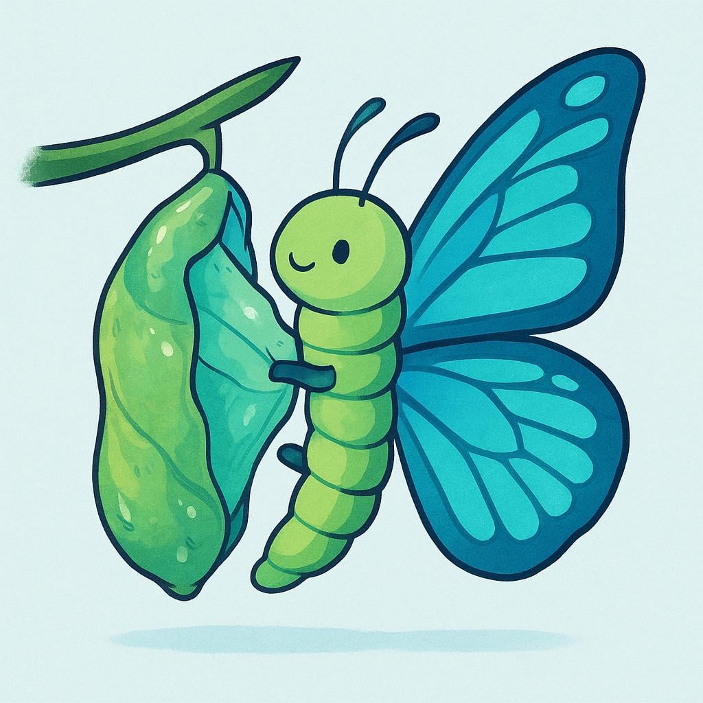 A vibrant illustration showing a caterpillar actively splitting its chrysalis, halfway through transforming into a beautiful blue butterfly, illustrating a change in form.