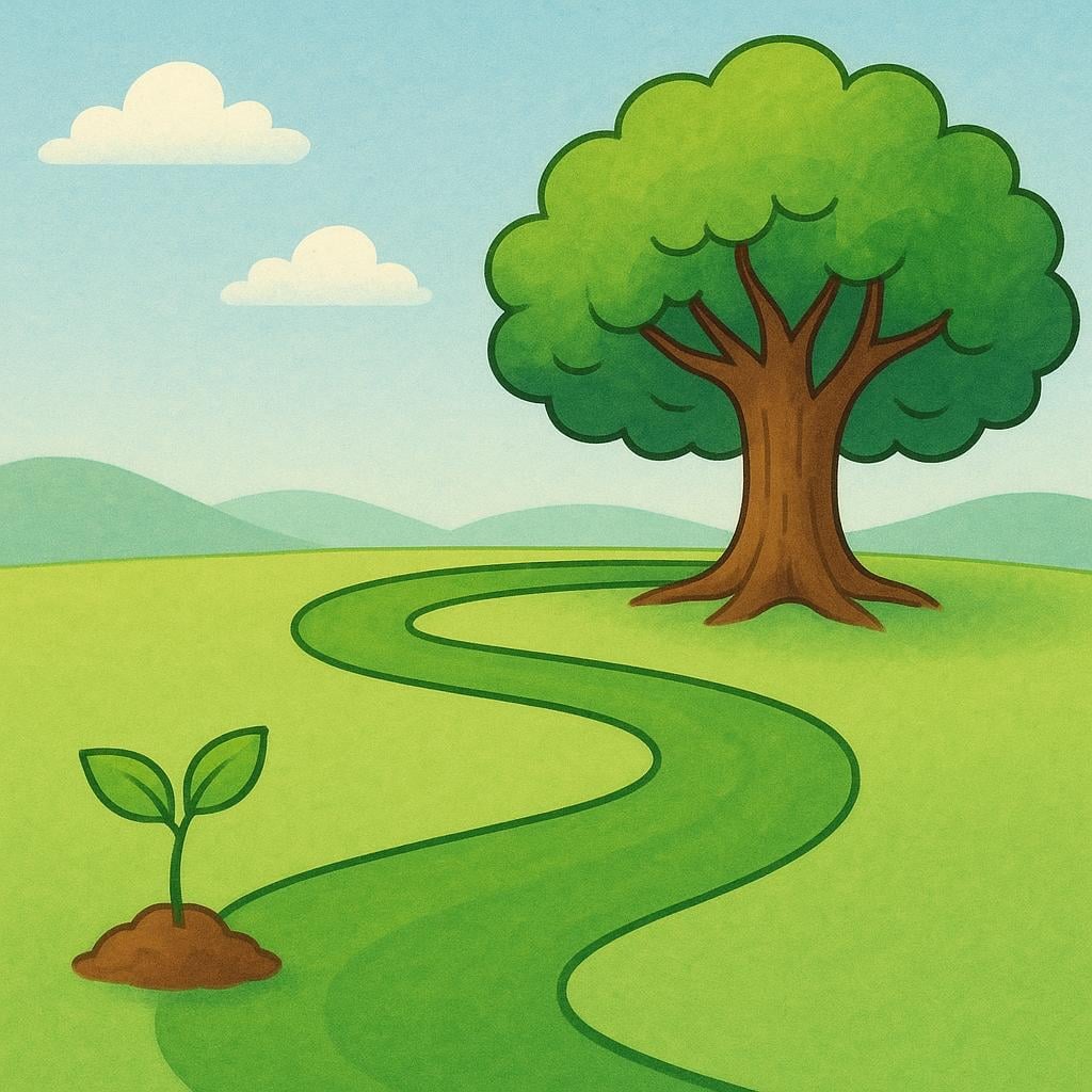 A winding path stretching from a small green sprout to a large, mature oak tree, representing a duration.