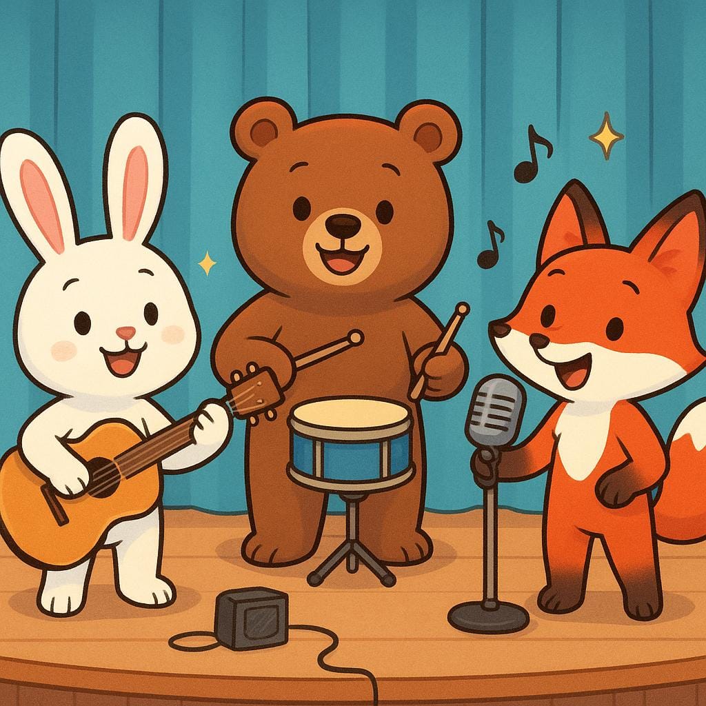 A group of three cartoon animals, a rabbit playing a guitar, a bear playing drums, and a fox singing into a microphone, standing together on a small stage.