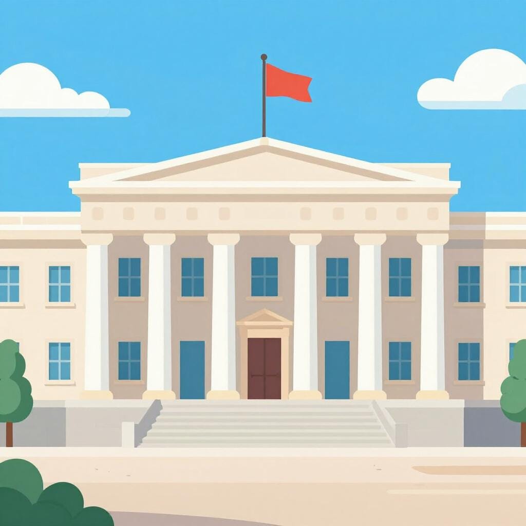 A stately stone building with large columns and a flag on top, representing a regional government headquarters.