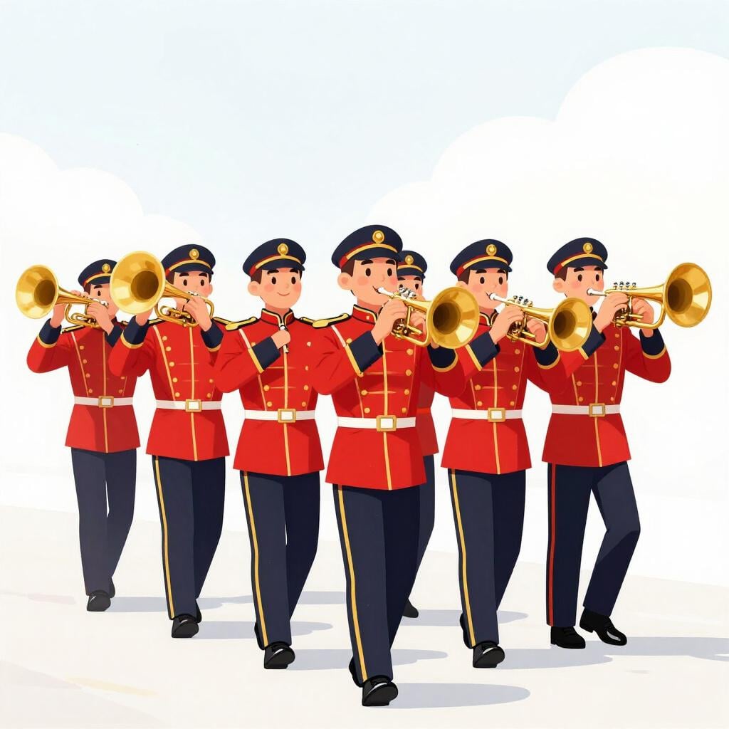 A row of musicians in bright uniforms marching together in a festive parade.