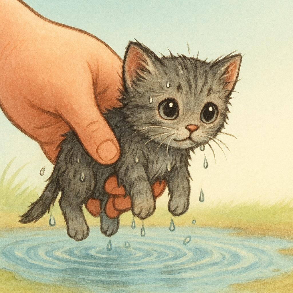 A large, gentle hand is shown lifting a small, scared kitten out of a shallow puddle of water, illustrating an act of rescue.