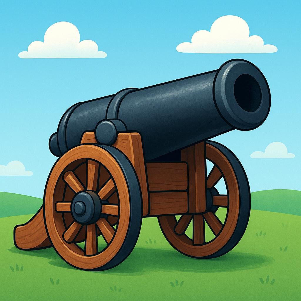 A simple, colorful illustration of a large, antique black cannon resting on a grassy field, ready to fire.