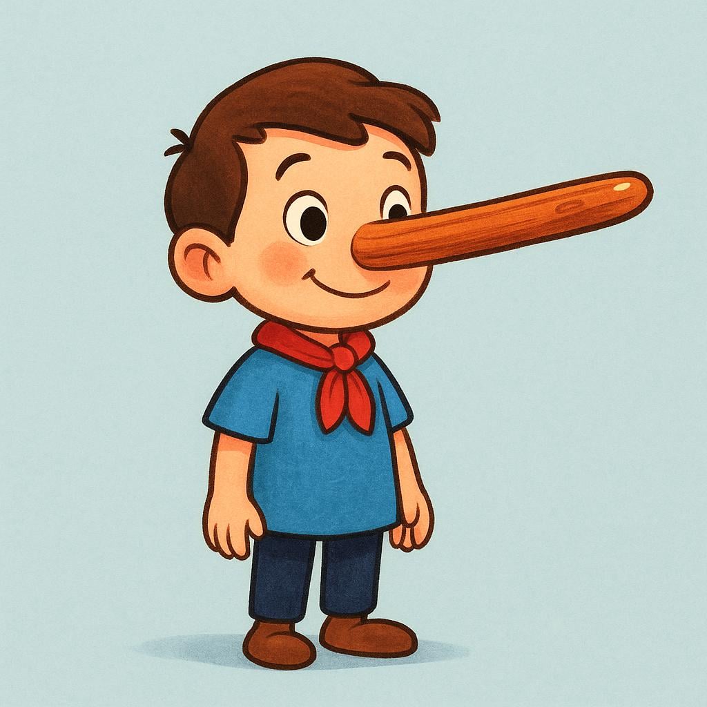 A simple storybook character looking slightly guilty, featuring an exaggeratedly long wooden nose, symbolizing the act of telling a lie.