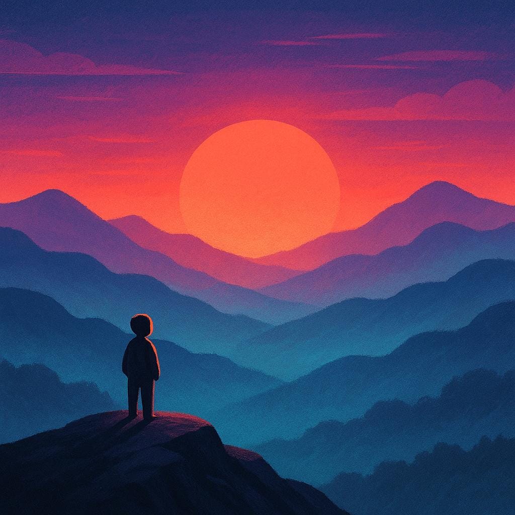 높은 바위 위에 홀로 서서 거대한 일몰과 함께 드라마틱하고 안개 낀 풍경을 바라보는 모습, 낭만주의의 숭고한 본질을 상징합니다.