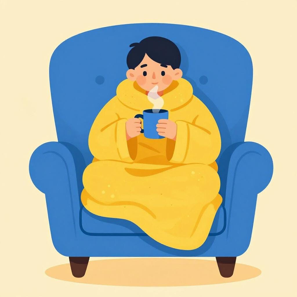 A person happily curled up in a soft, oversized armchair with a fluffy blanket and a warm mug.