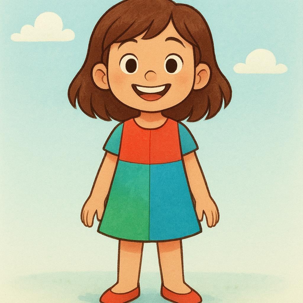 A bright, colorful illustration of a smiling young girl standing in a simple dress.