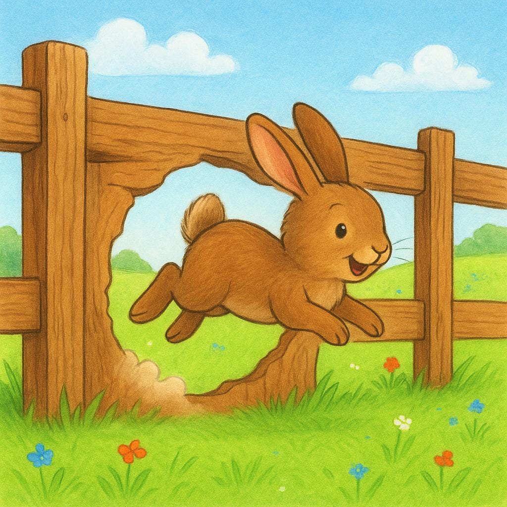 A brown rabbit escaping through a hole in a wooden fence into a bright, grassy field.