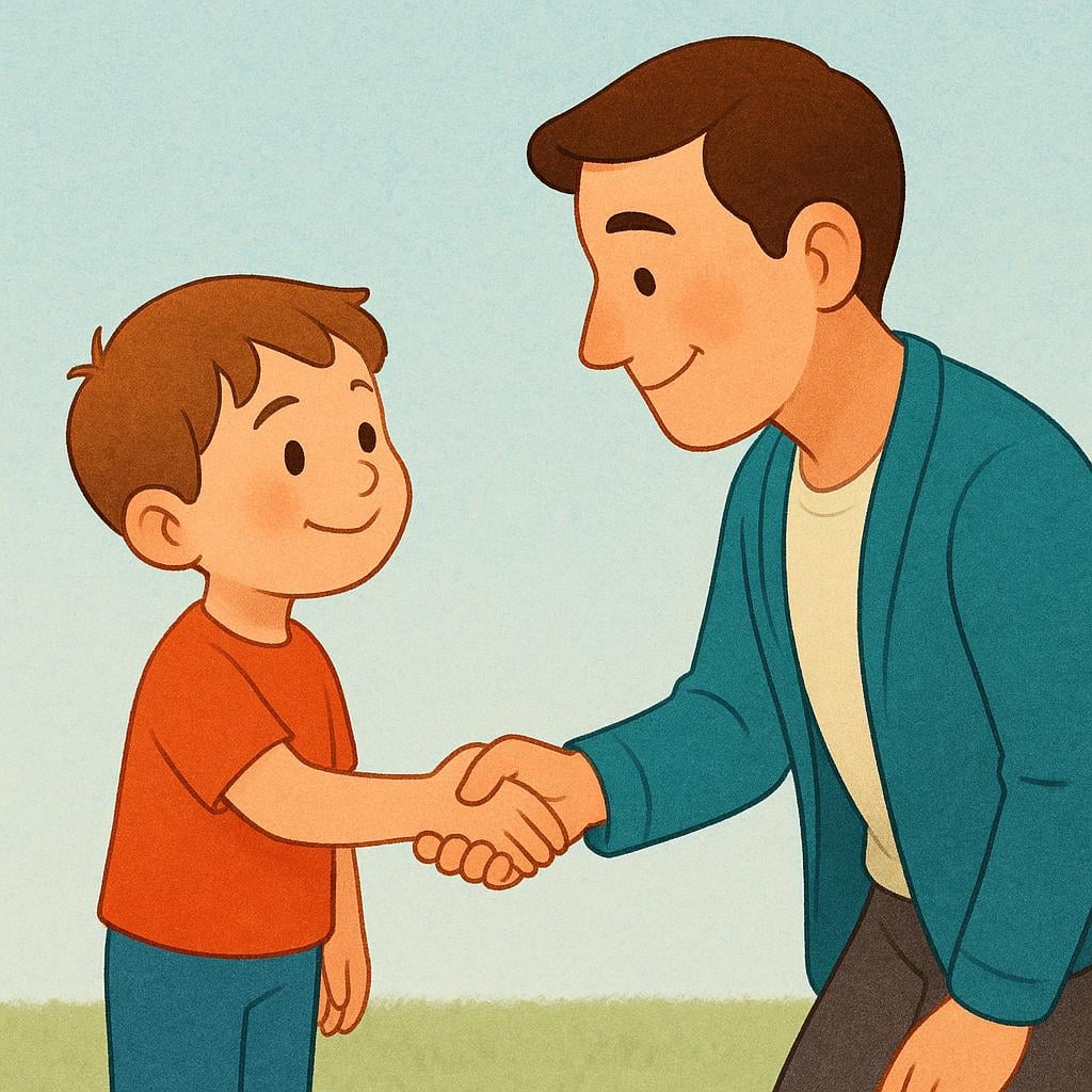 A brightly colored illustration showing a small child politely shaking the hand of an adult woman as a sign of good manners.