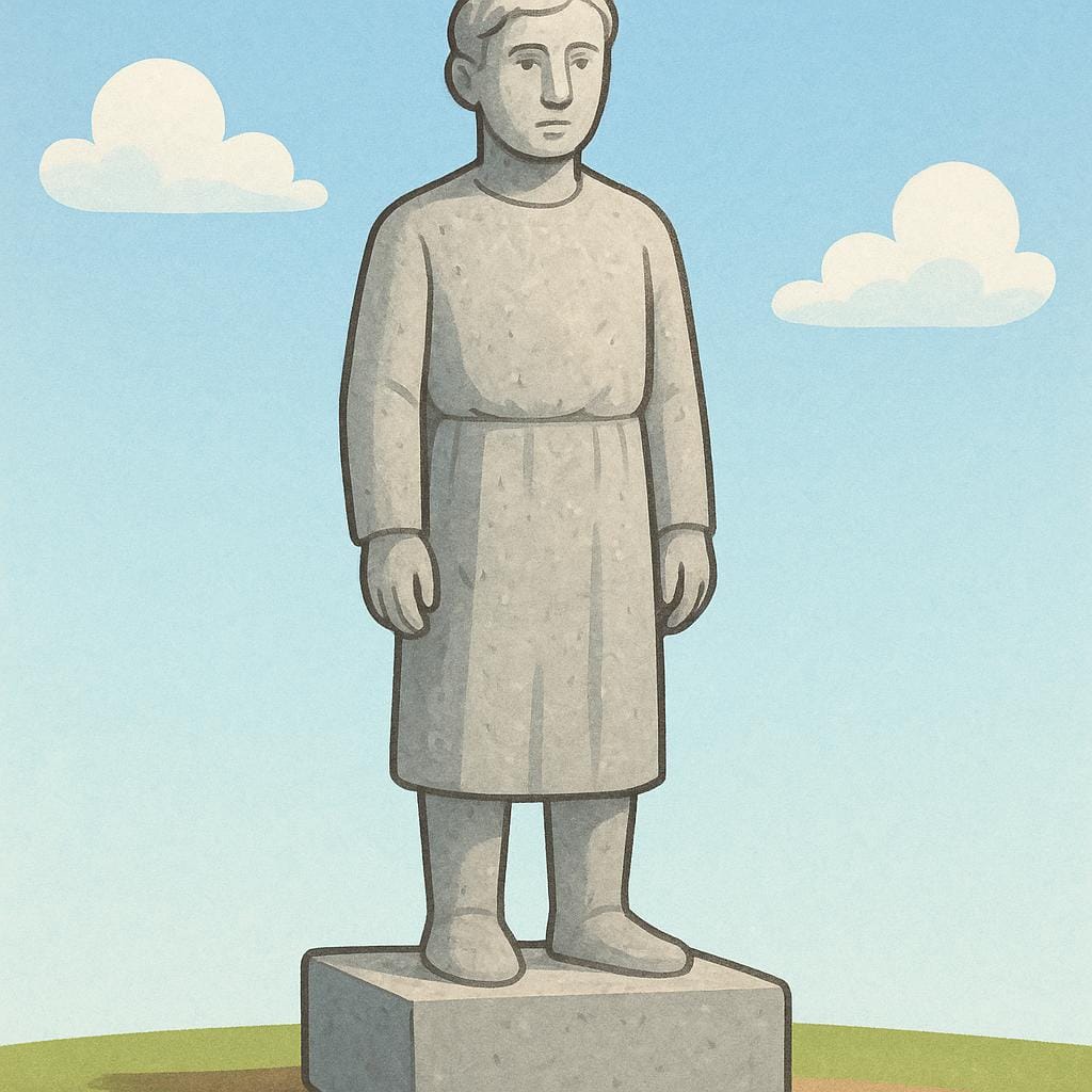 A simple, grey stone statue depicting a classical human figure standing upright on a small pedestal.