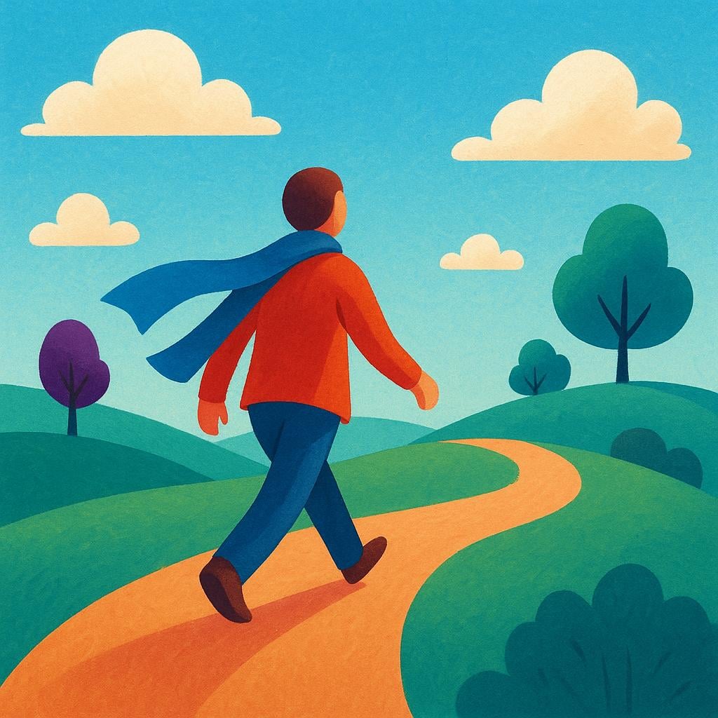 A high quality storybook illustration showing a single stylized figure walking rapidly away from the viewer towards a distant horizon line, emphasizing the act of leaving.