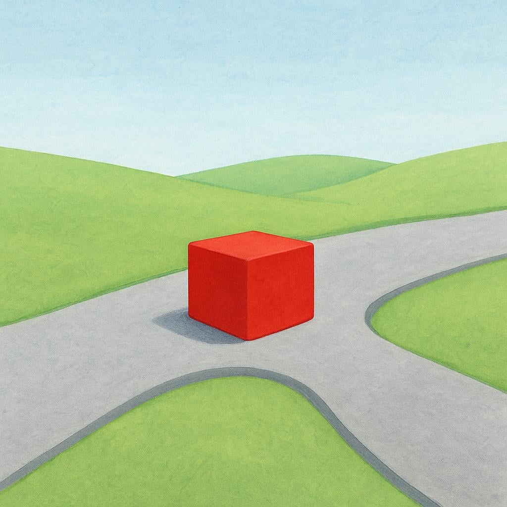 An illustration showing a wide, straight gray path representing a procedure that is forced to detour slightly around a small, distinct red block placed in the middle, symbolizing a procedural side issue.