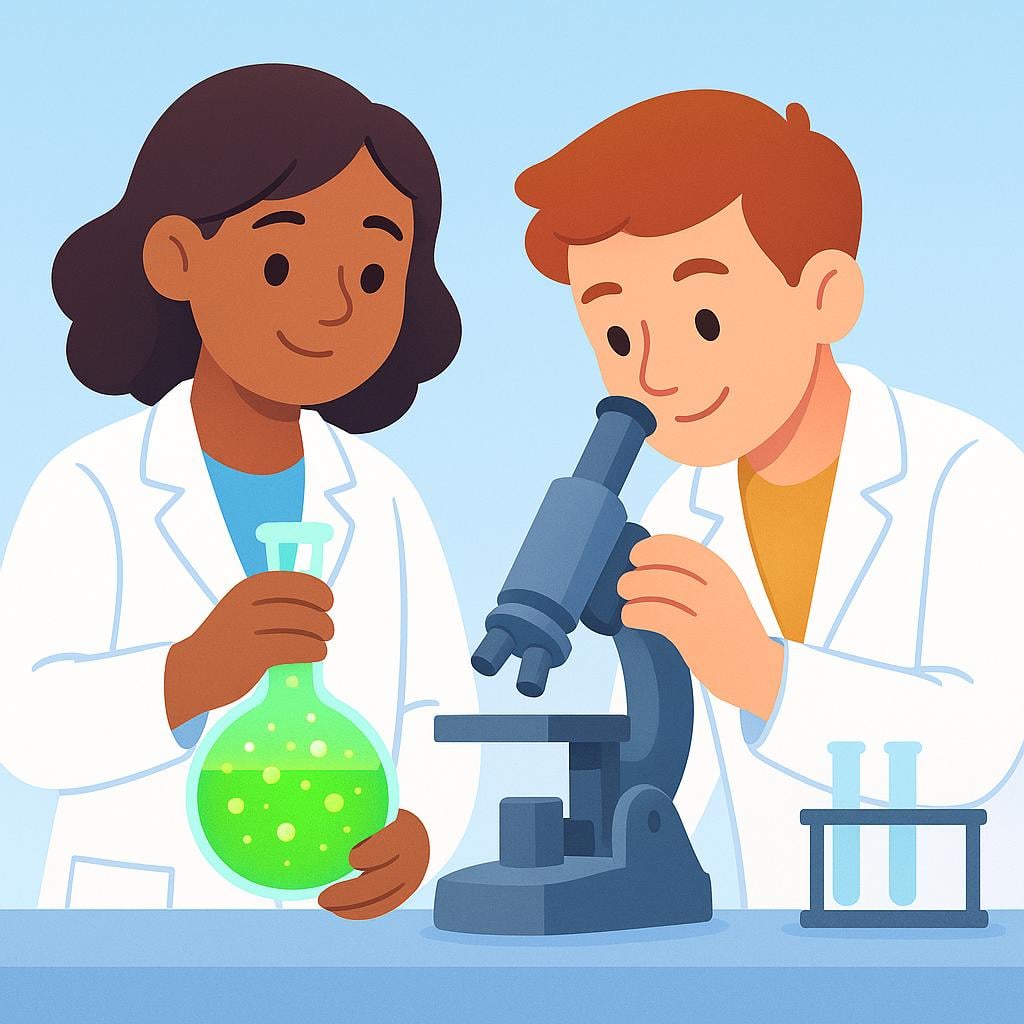 Two scientists wearing white lab coats standing next to a laboratory bench. One scientist is observing a colorful chemical reaction in a glass flask.