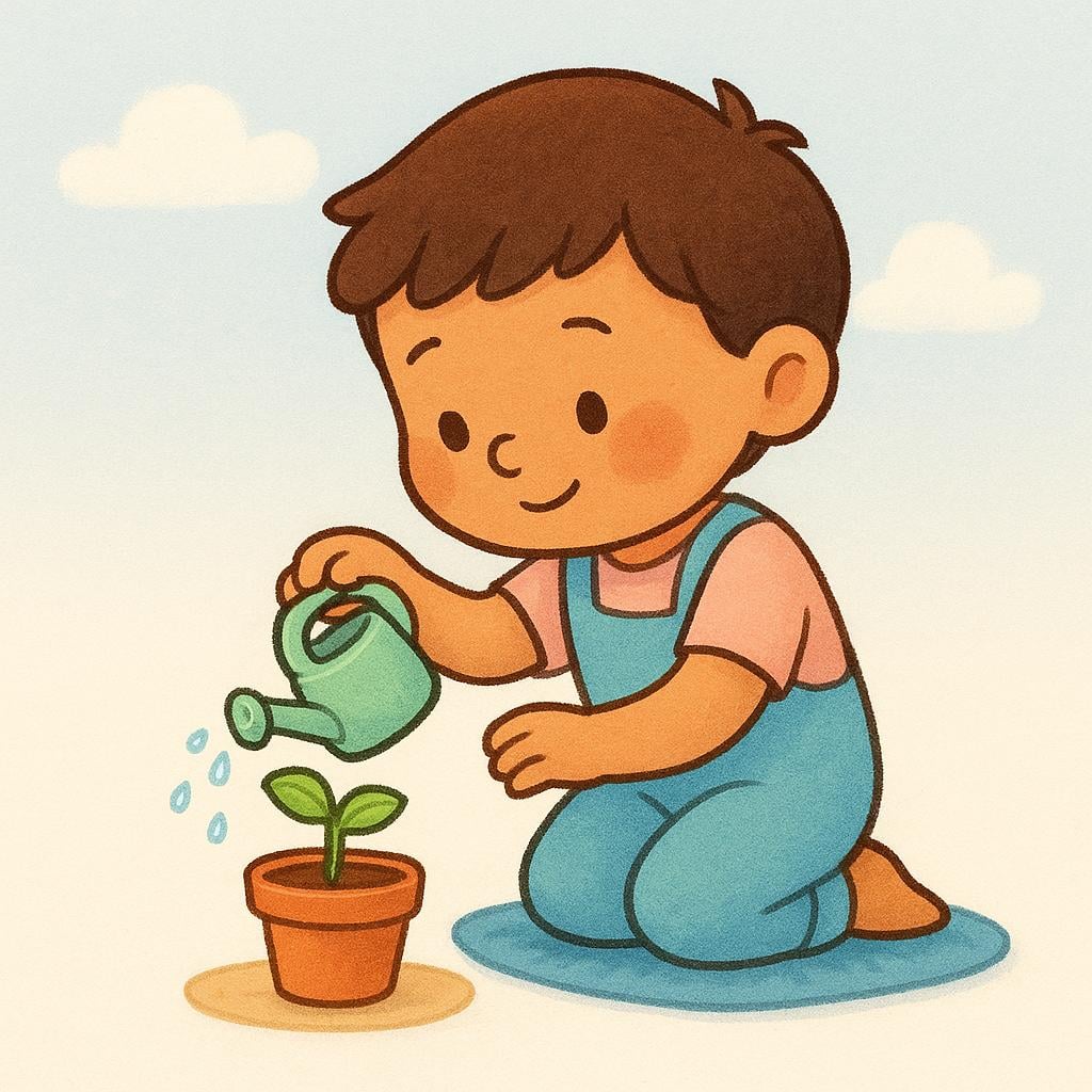 A colorful illustration of a small child gently watering a vibrant green potted plant with a tiny watering can.