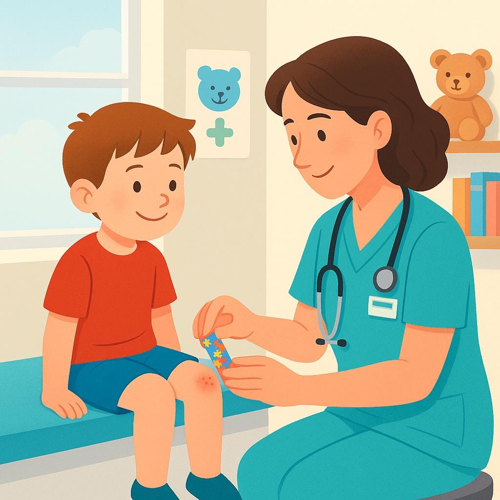 A cartoon doctor gently applying a colorful bandage to a smiling child's knee, illustrating a medical procedure.