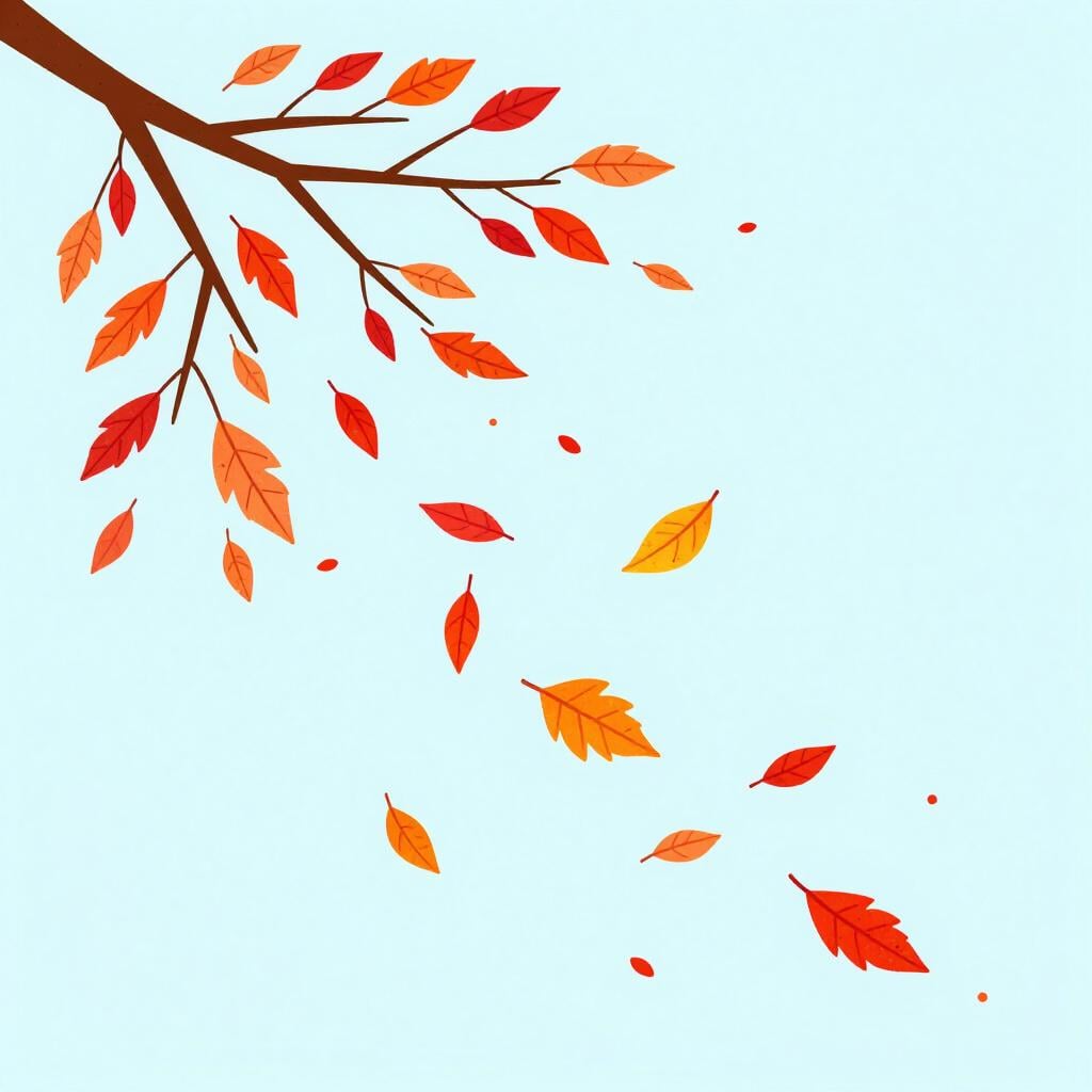 A series of colorful autumn leaves falling one after another from a tree branch.