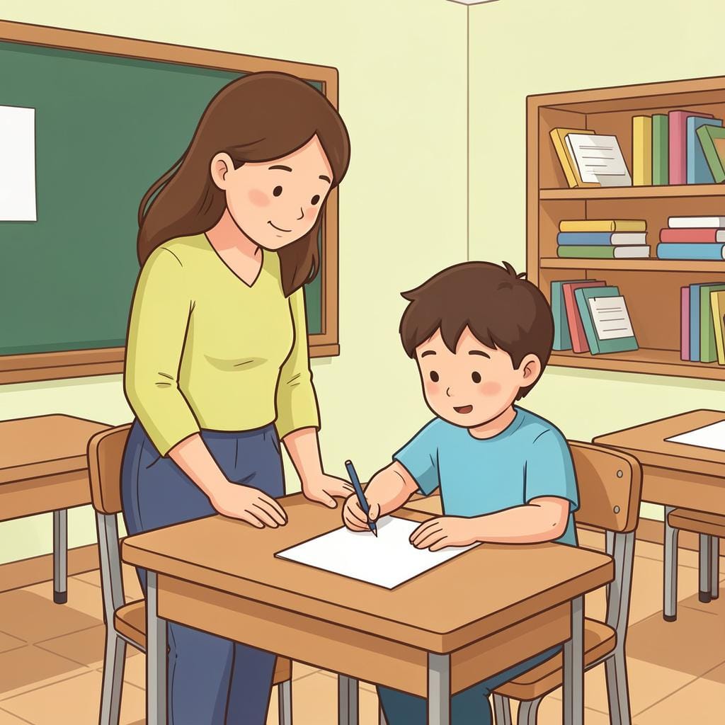 A teacher in a classroom looking at a student's paper while the student works.