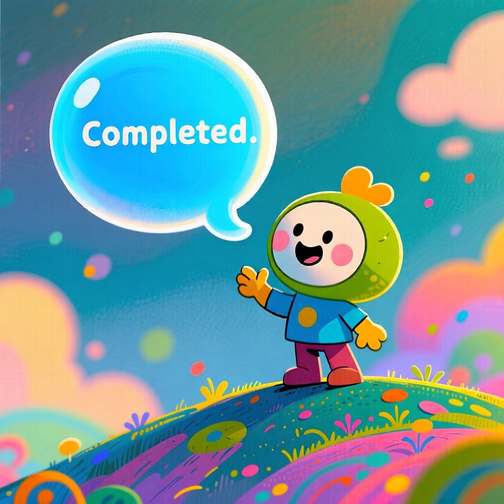 A friendly cartoon character standing on a hill who has just finished speaking, with a bright blue bubble floating away from their mouth, symbolizing a completed action of speech.