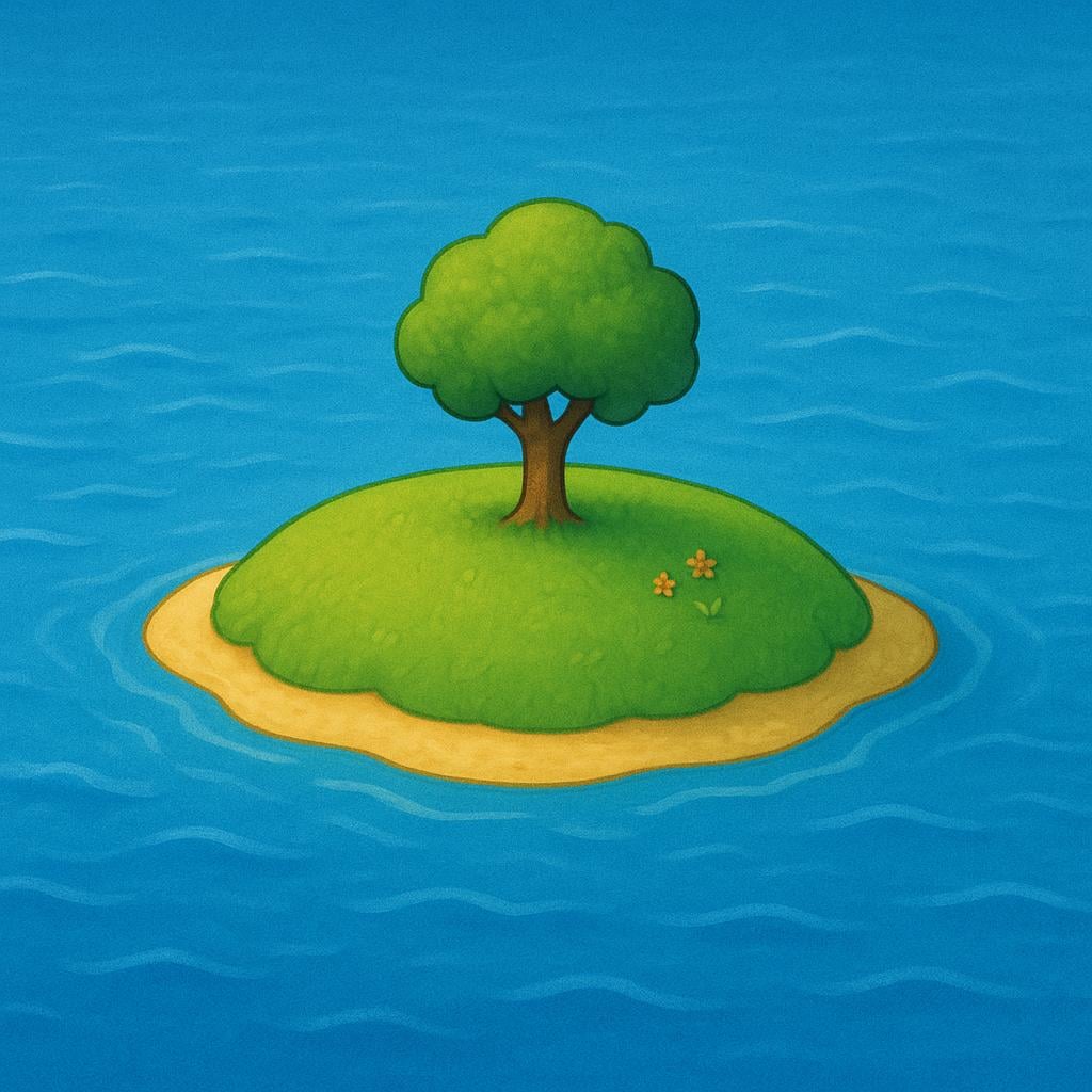 A small, lush green piece of land floating in a vast blue ocean under a bright, sunny sky.
