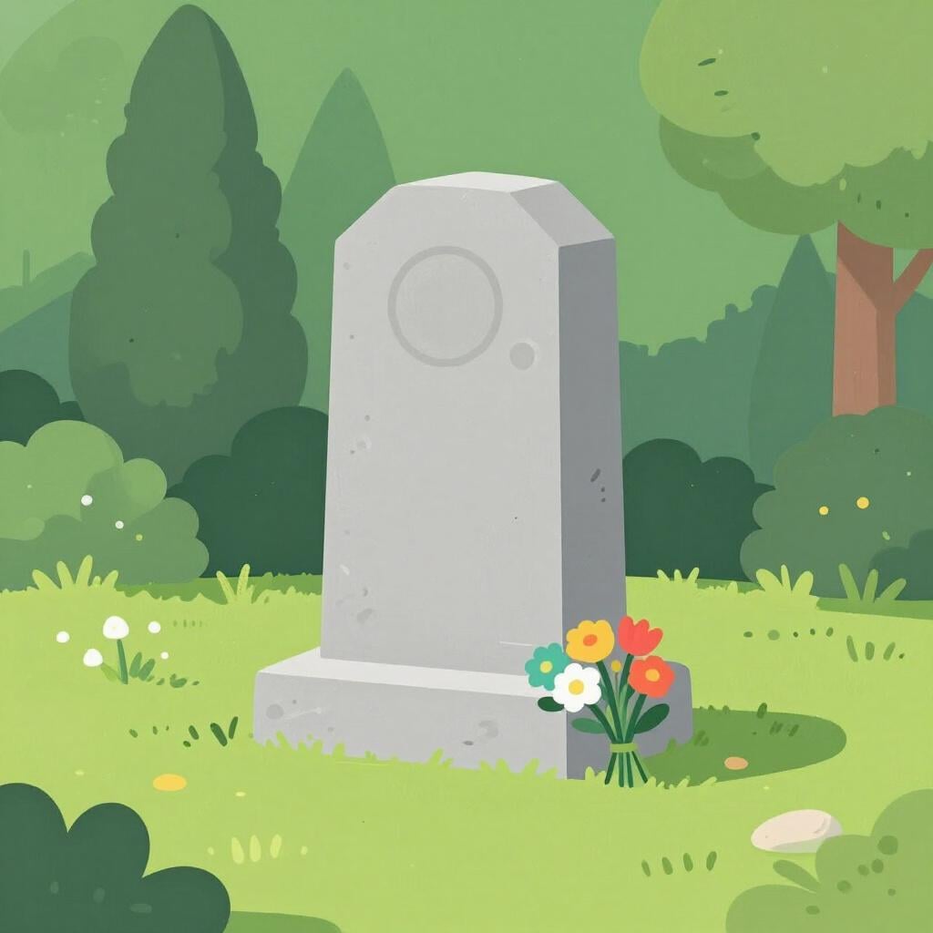 Een eenvoudige, respectvolle illustratie in een prentenboek van een stenen monument met bloemen aan de voet in een vredige tuin.