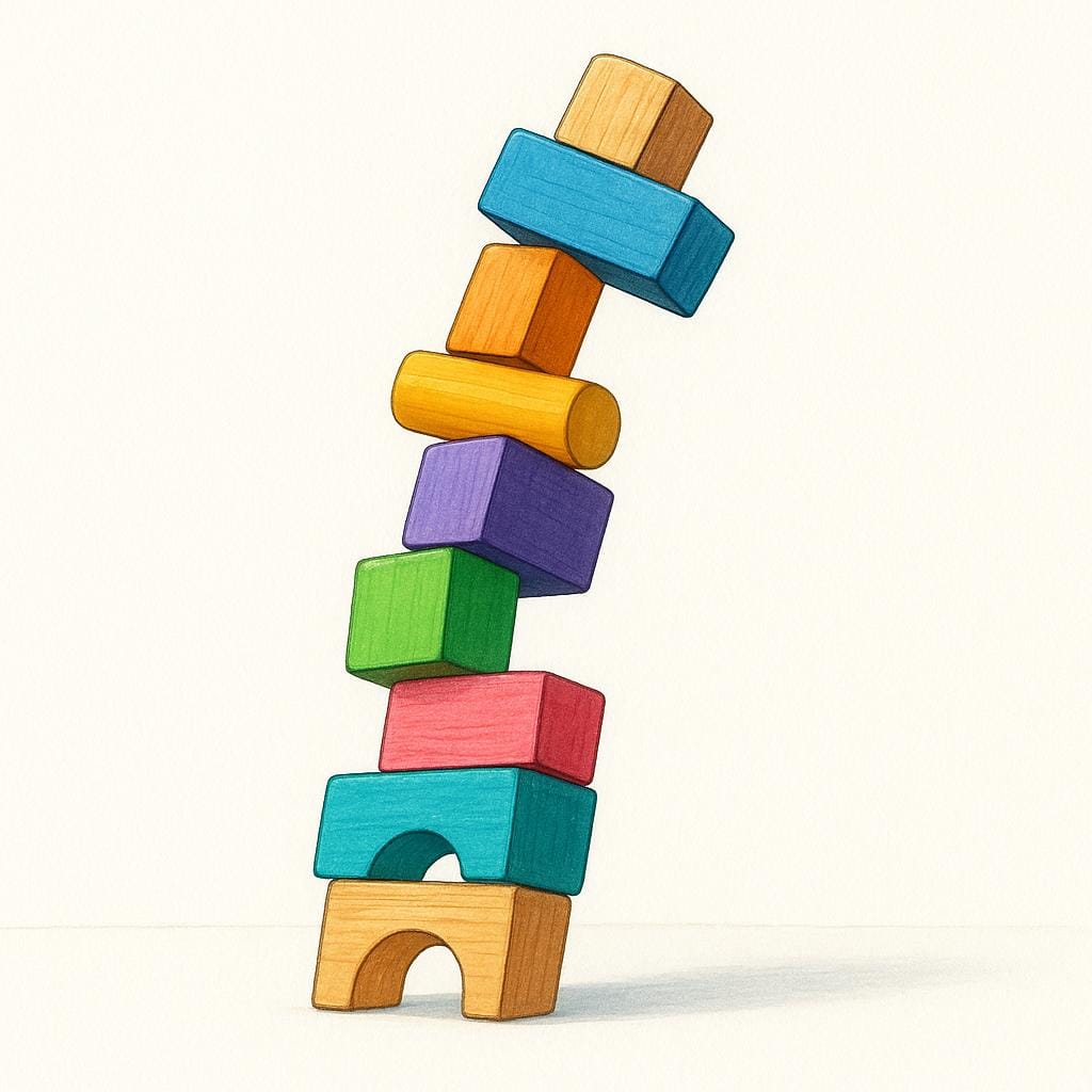 A stack of unevenly shaped wooden blocks leaning precariously to one side on a flat surface.