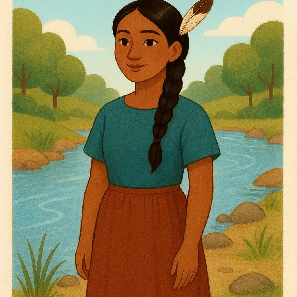 A young indigenous woman of the Americas wearing simple traditional clothing and standing near a river.