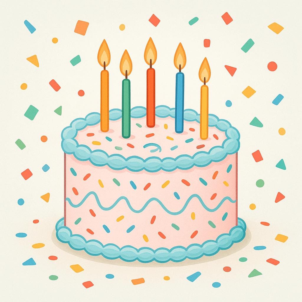 초와 흩뿌려진 색종이 조각들로 장식된 밝은 색상의 생일 케이크 이미지로, 축제 분위기의 파티를 상징합니다.
