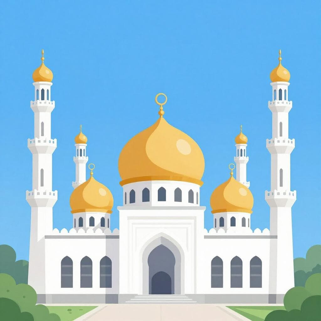 Een simpele en kleurrijke illustratie in kinderboekstijl van een witte moskee met een grote gouden koepel en hoge minaretten onder een helderblauwe hemel.
