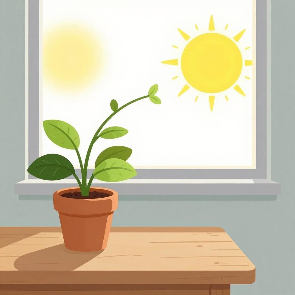 Una piccola pianta che inclina il suo stelo e le sue foglie verso la luce solare brillante proveniente da una finestra.