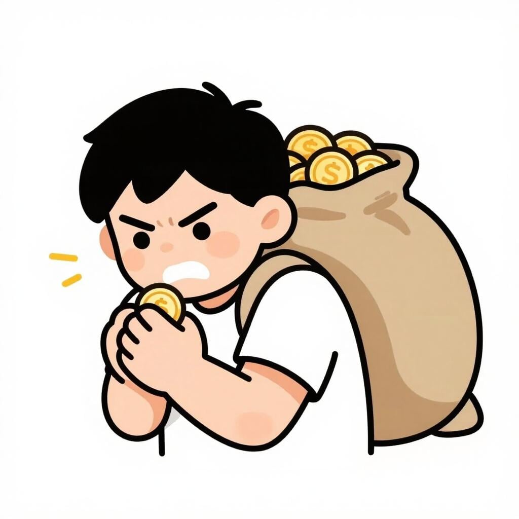 A person holding a single small coin tightly while pulling a large bag of money away from others.