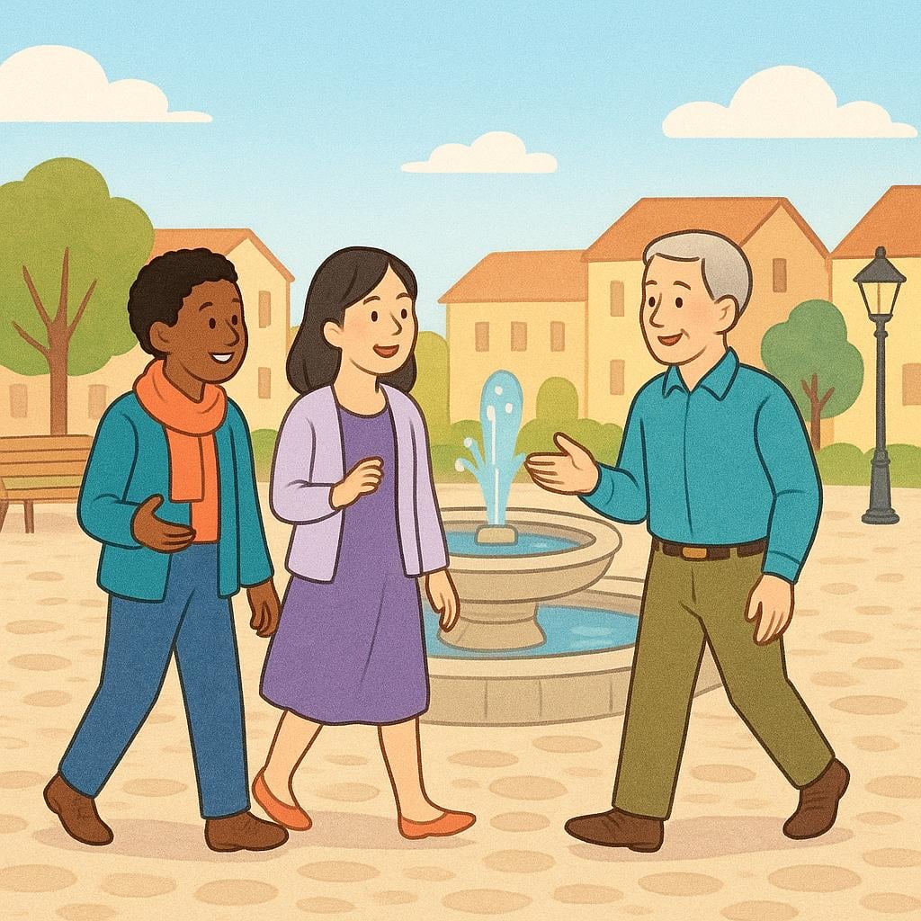 A group of diverse citizens walking and interacting peacefully on a town square sidewalk.