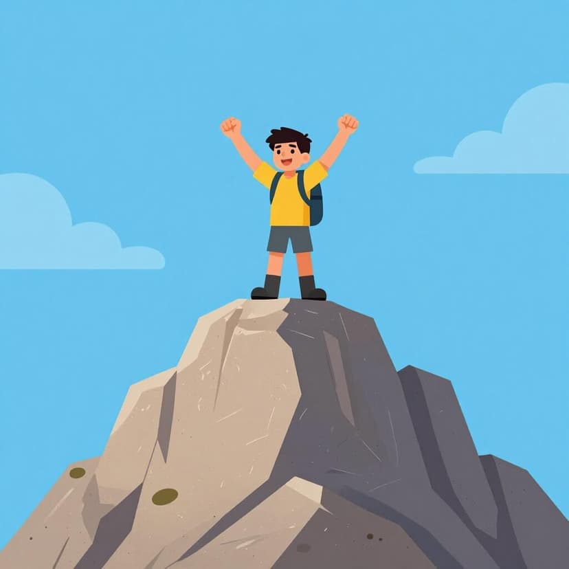 A small mountain climber reaching the peak of a steep mountain under a sunny sky.
