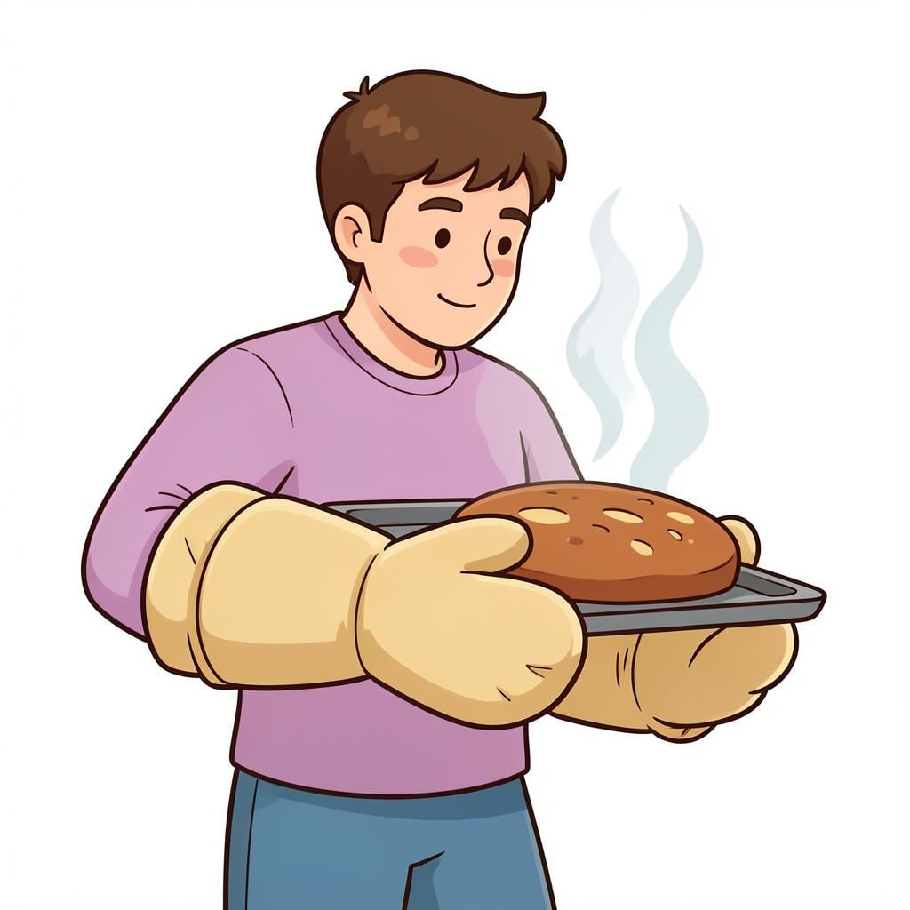 A person wearing thick protective oven mitts while carefully holding a hot baking tray.