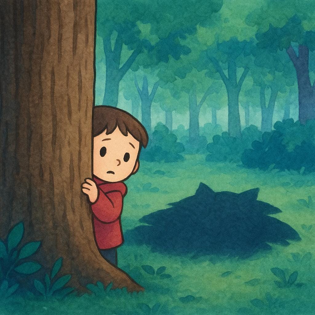 A small person hides behind a large tree trunk, eyes wide with terror, looking at a huge, dark, but indistinct shadow looming nearby in a forest.