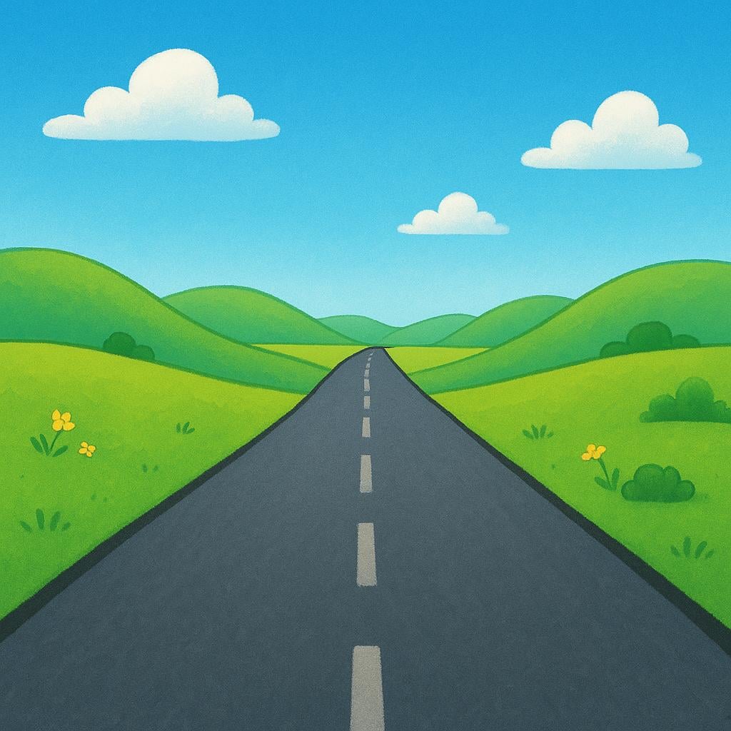 A wide, empty paved road with yellow dividing lines cutting through rolling green hills under a bright blue sky.