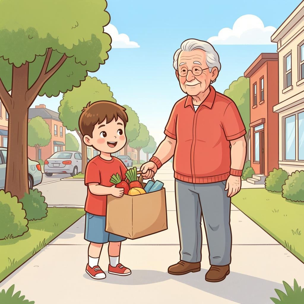 A child helping an elderly person carry a heavy bag of groceries.