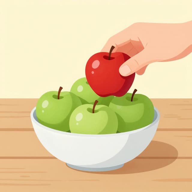Uma mão colocando uma única maçã vermelha em uma tigela de madeira que já contém três maçãs verdes.