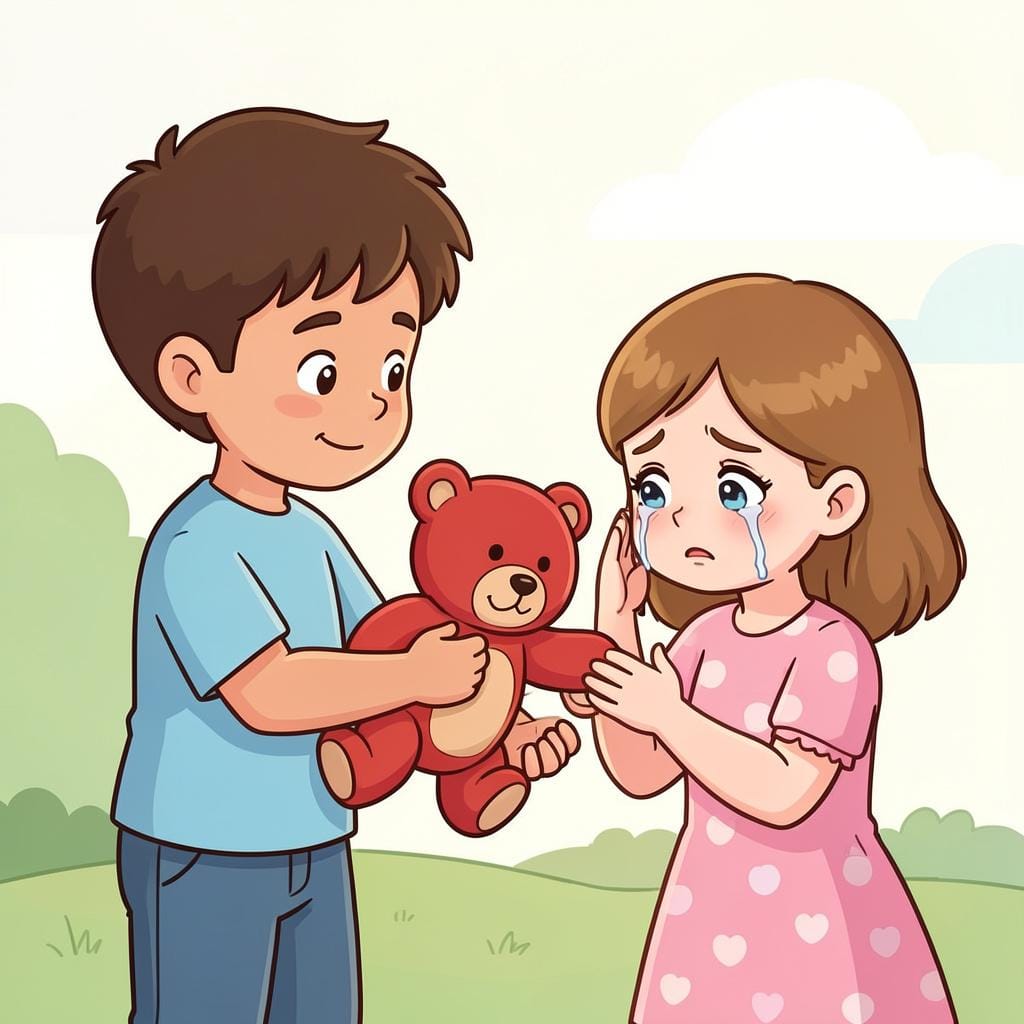 A child handing their favorite toy to another child who looks sad.