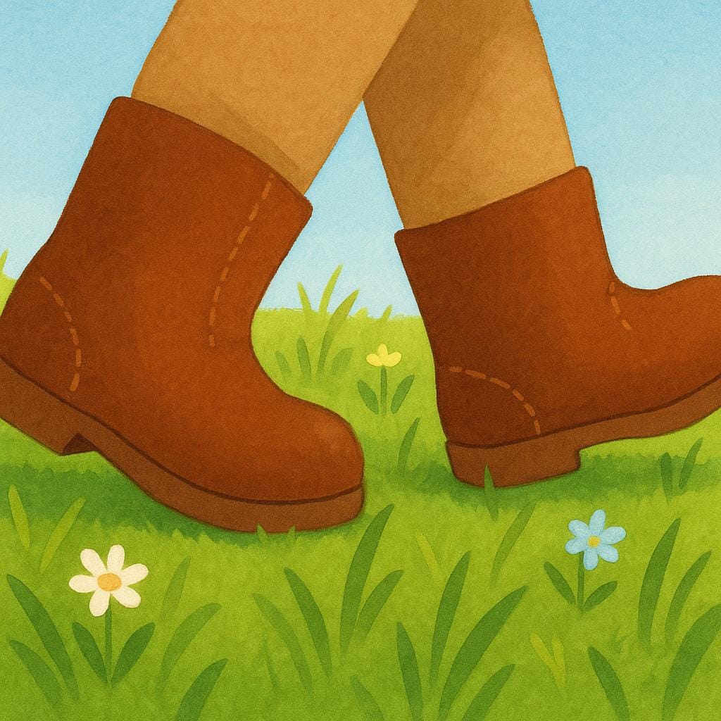 A close-up storybook illustration focusing on a pair of brown boots walking across a grassy field, representing travel by foot.
