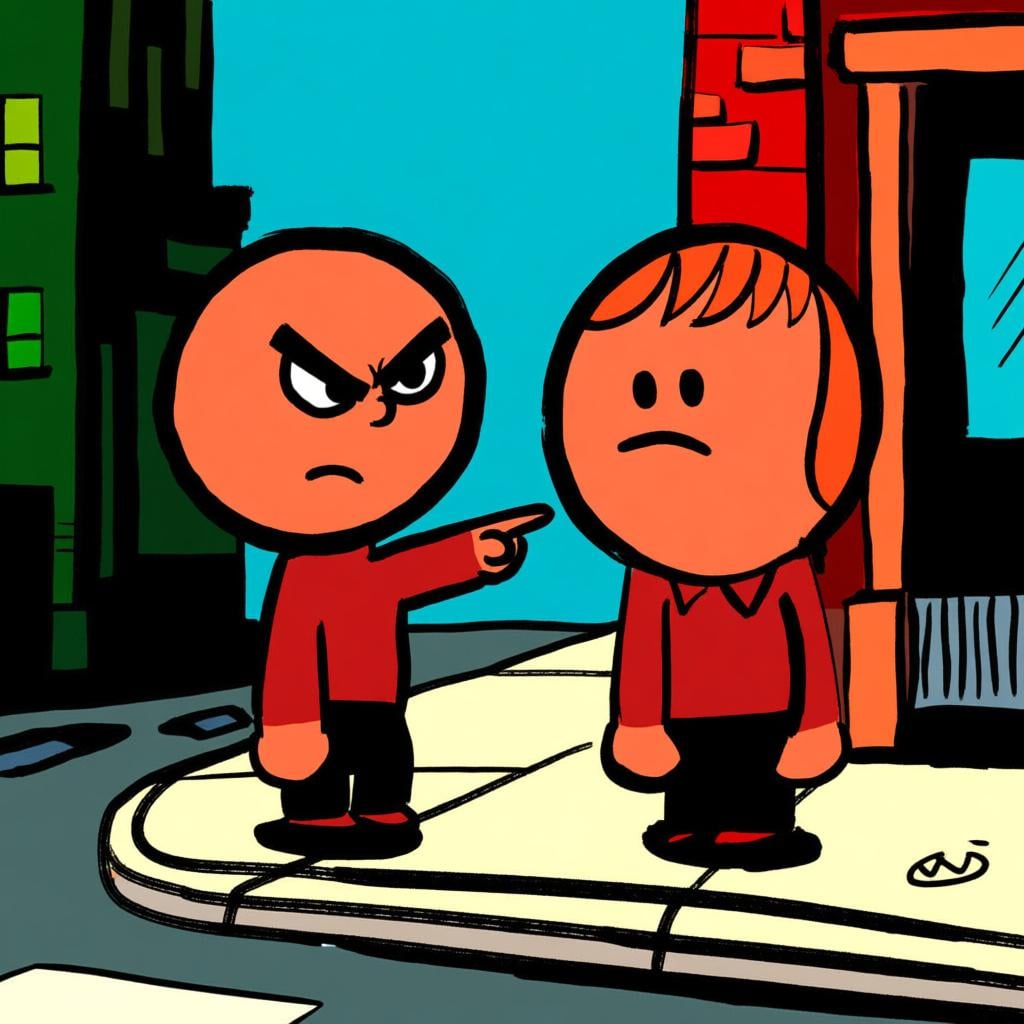 Two cartoon figures standing face-to-face, one figure aggressively pointing a finger at the other, provoking a fight.
