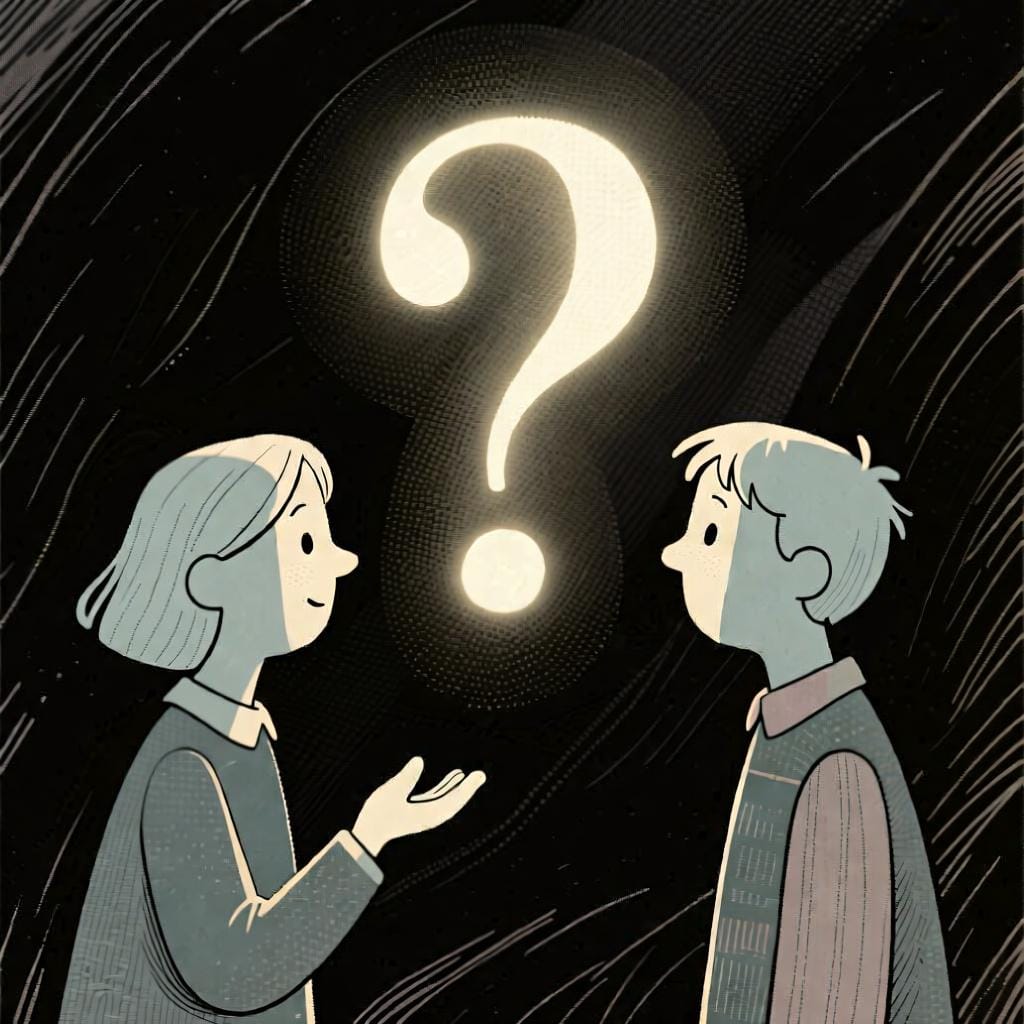 Two people talking, with a large, soft question mark floating between them, indicating one is asking for confirmation from the other.