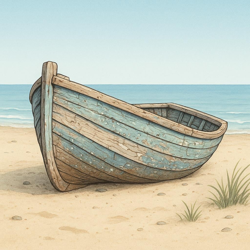 An old, heavily damaged wooden rowboat resting on a sandy beach, showing cracked wood and peeling paint from long exposure to the elements.